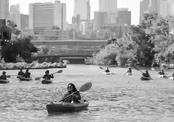 Staff kayaking on a river